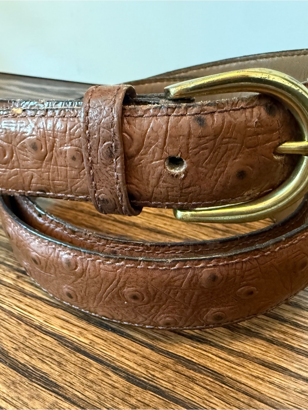 Vintage Brown Ostrich Grain Steerhide Leather Belt with Solid Brass Buckle